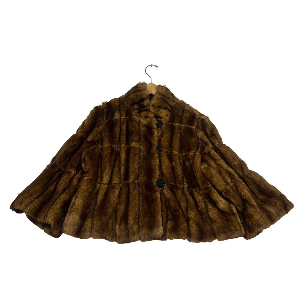 INC International Concepts Brown Faux Fur Cape Jacket Button Front Medium 4567
